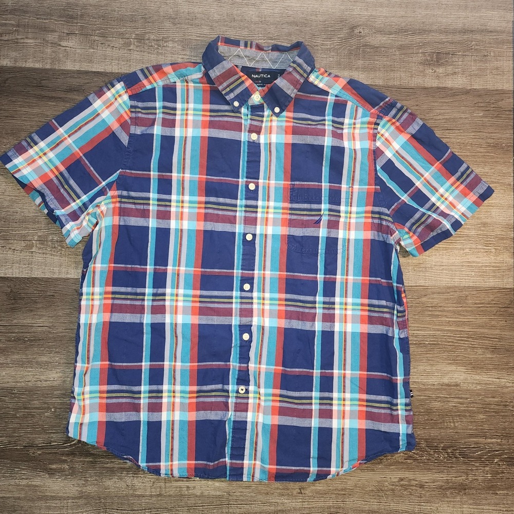 Nautica Mens XL Classic Fit Plaid Button Down Short Sleeve Shirt Cotton